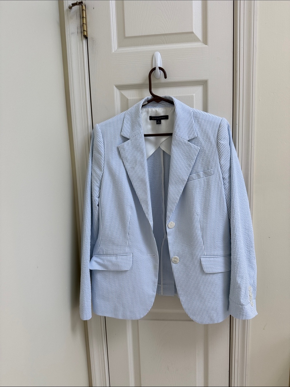 Light Blue Seersucker Women's Two-Button Blazer - Classic Notch Lapel